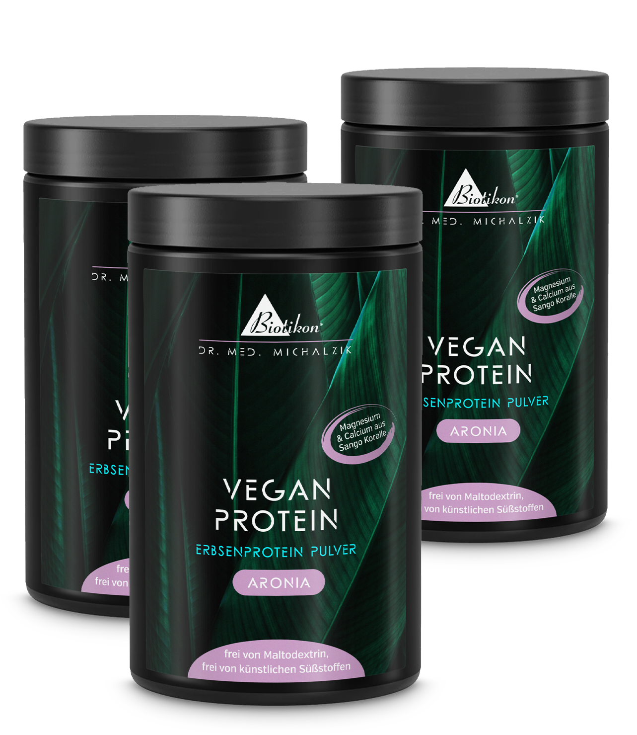 Tre barattoli di polvere di proteine vegetali Aronia, 500 g, in confezione bianca con accenti viola.