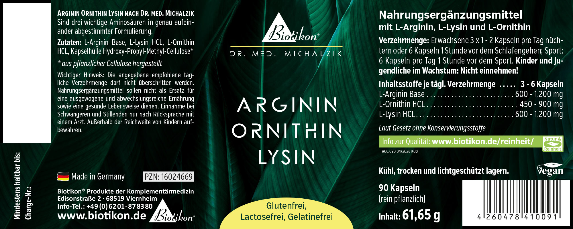 90 capsule vegane e senza glutine con arginina, ornithina e lisina in involucro vegetale.