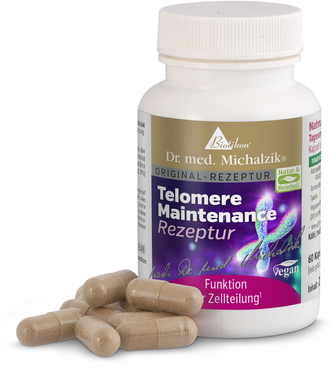 Mantenimento dei telomeri 60 capsule – Integratore Contenitore di plastica bianca con 60 capsule marroni, formulazioni vegane, disposte davanti al contenitore.