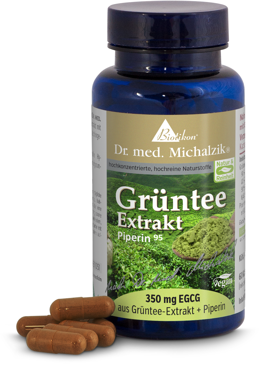 Estratto di Tè Verde 350mg – Capsule Estratto di tè verde con 350mg di EGCG, capsule in bottiglia marrone, confezione con design verde, cinque capsule visibili.
