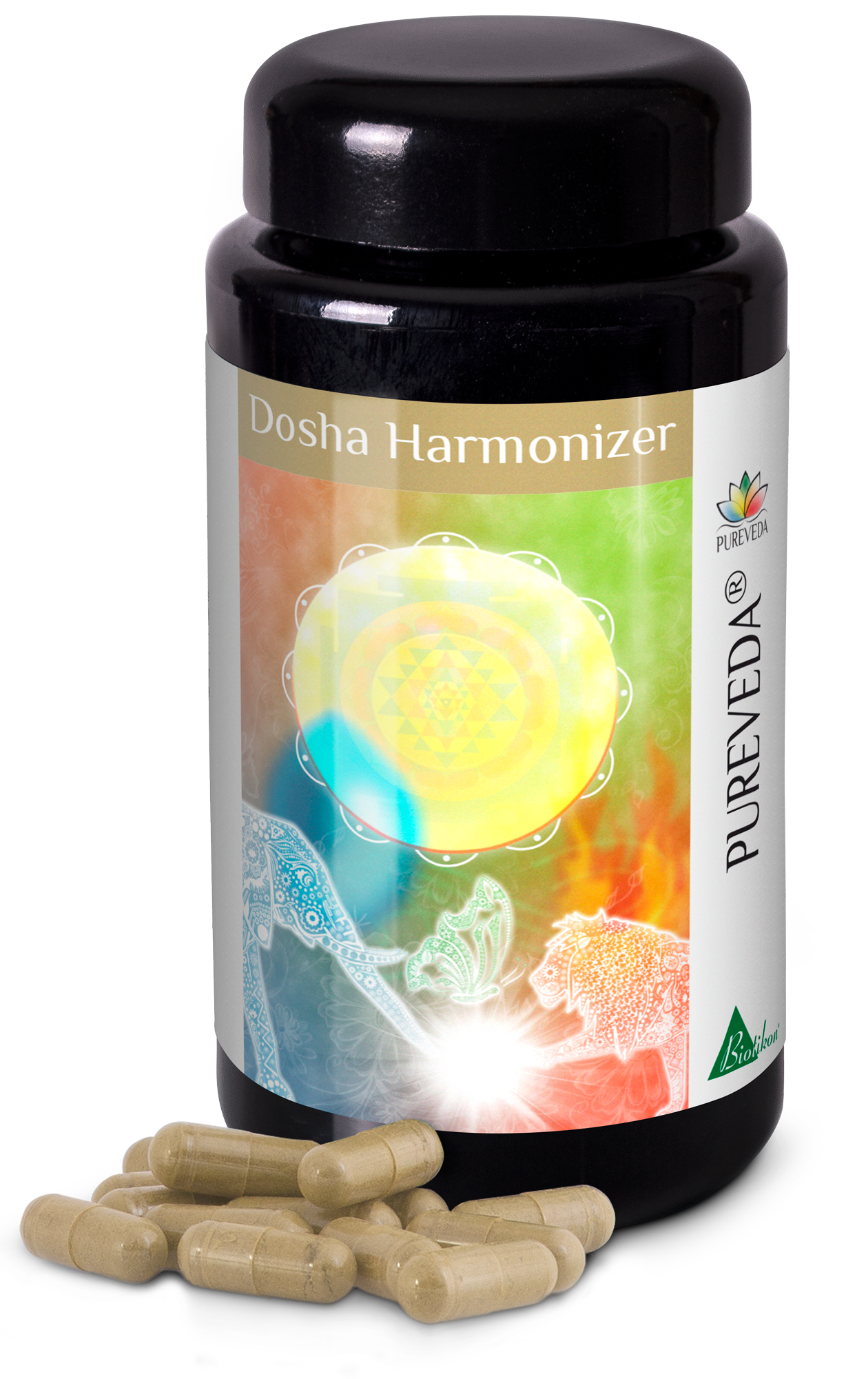 Dosha Harmonizer – Capsule Bottiglia nera con capsule, sfondo colorato e decorazioni, contiene 60 capsule.