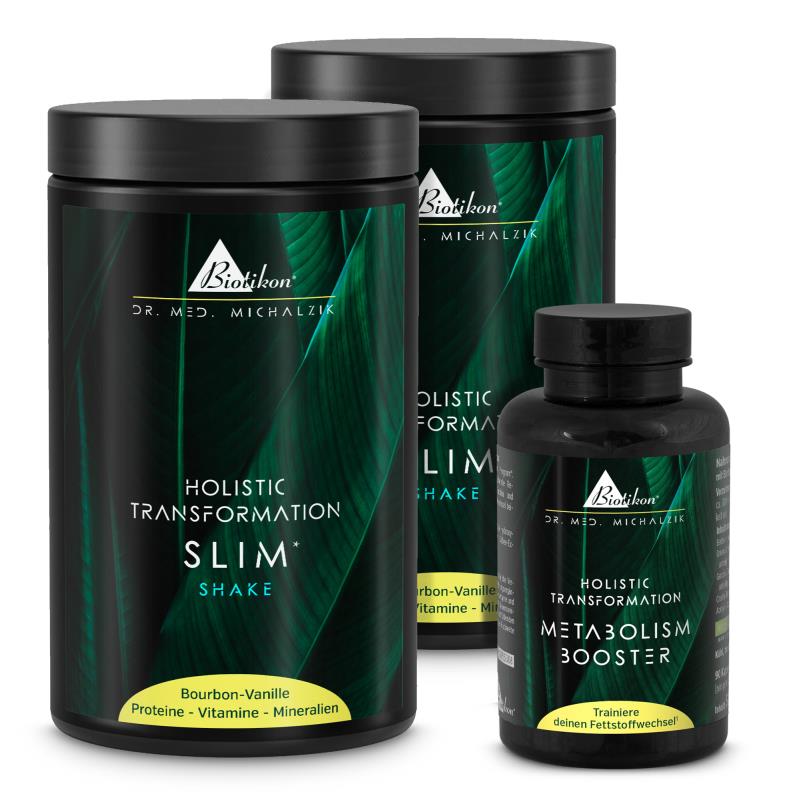 Shake Olistico Trasformazione Slim – 500 g Shake Olistico Trasformazione Slim in contenitore nero, gusto vaniglia bourbon, 500 g, su sfondo bianco.