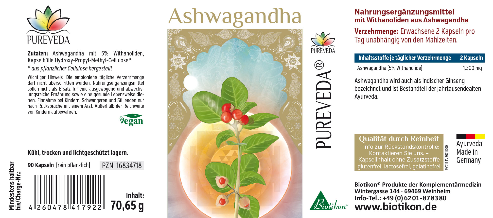 Ashwagandha 1300 mg – Capsule Capsule di Ashwagandha, 90 pezzi, capsule verdi in un confezione bianca, vegane.