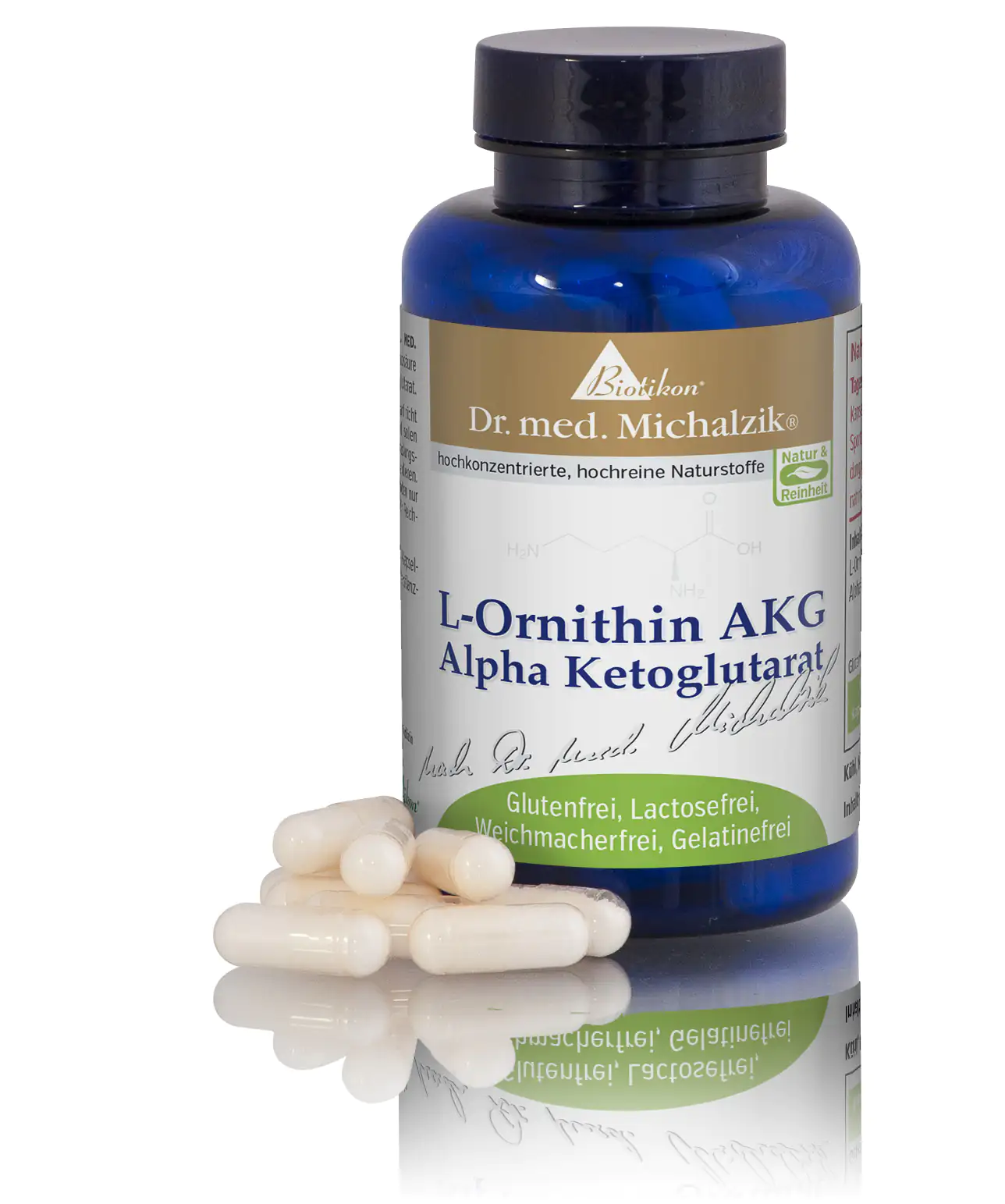 L-Ornitina AKG – Capsule Bottiglia blu con capsule di L-Ornitina AKG, 120 pezzi, visibili alcune capsule.