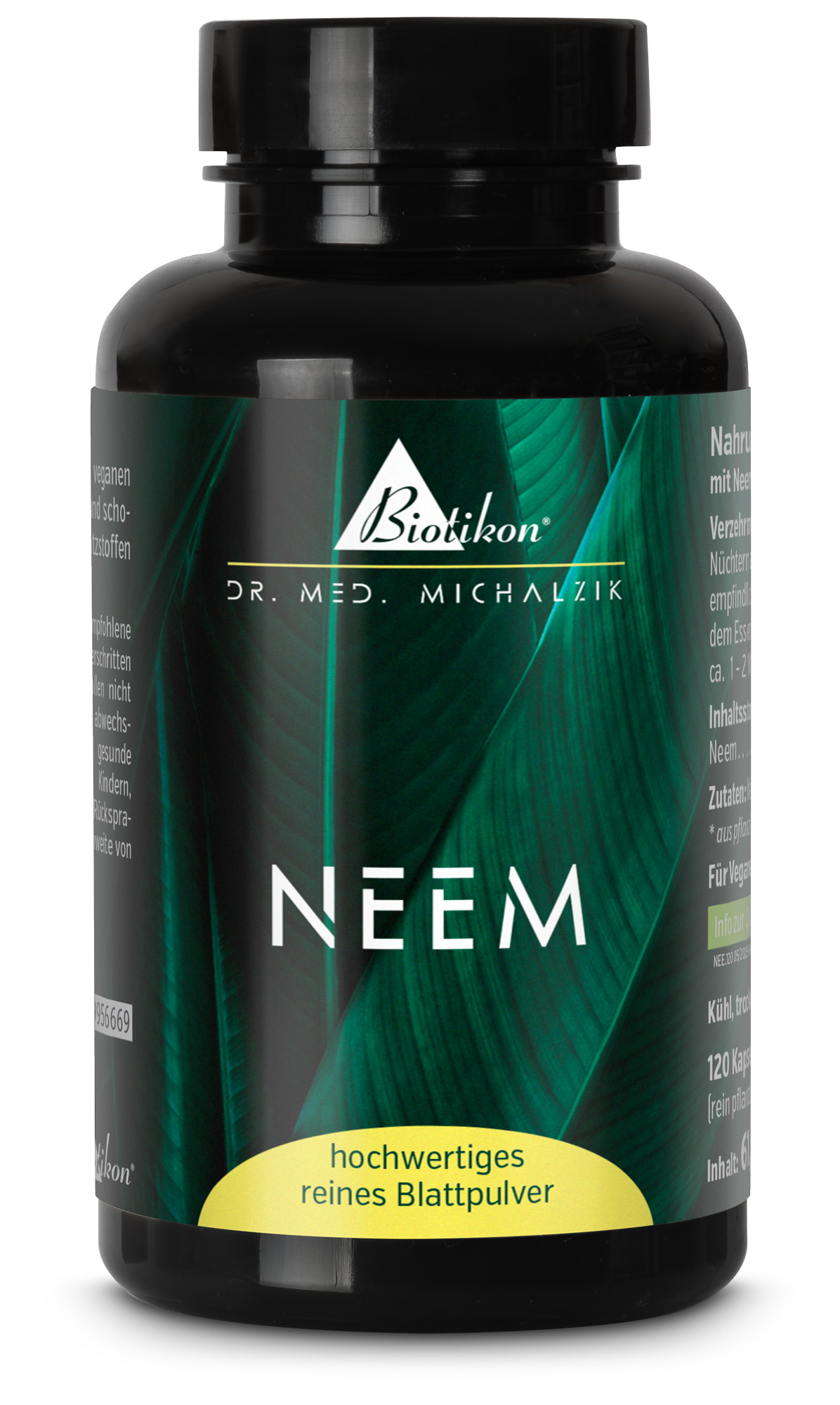 Polvere di Foglie di Neem – 120 Capsule Bottiglia nera con 120 capsule di polvere di foglie di neem, foglie verdi sullo sfondo, vegano.