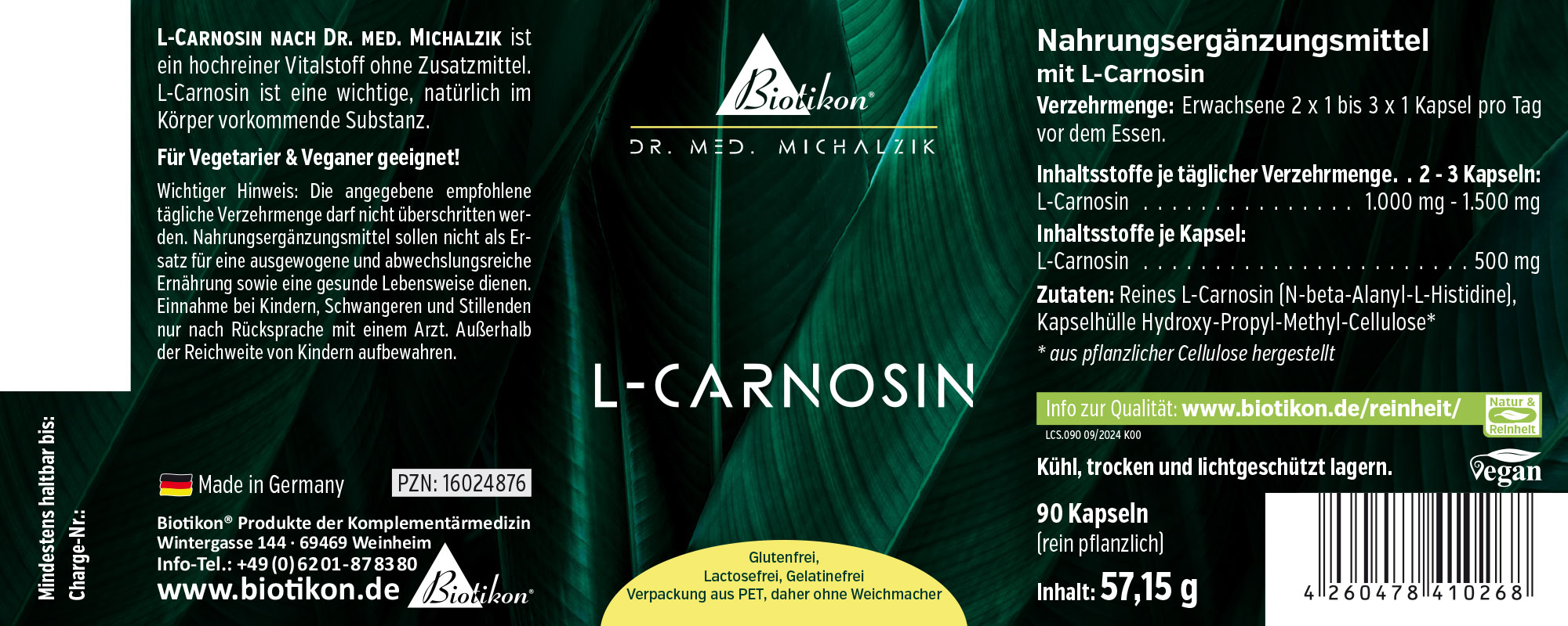 L-Carnosina 500 mg – 90 Capsule Integratore alimentare L-Carnosina in capsule, 90 pezzi, confezione verde, vista laterale.