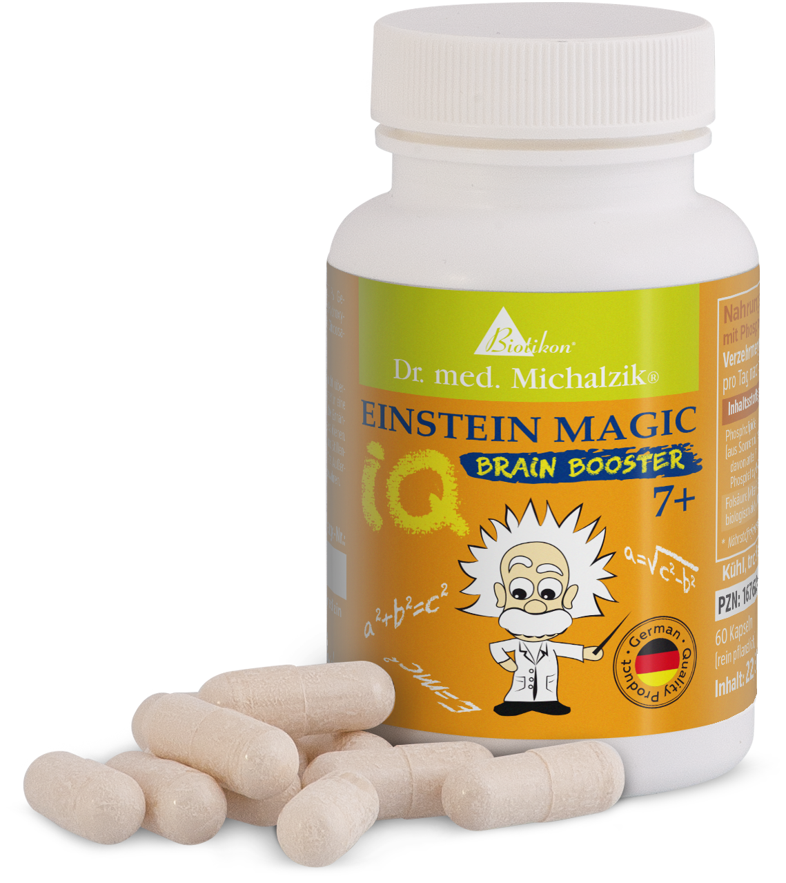 Einstein Magic Brain Booster – 60 Capsule Einstein Magic Brain Booster in una bottiglia bianca con 60 capsule beige, vista frontale.