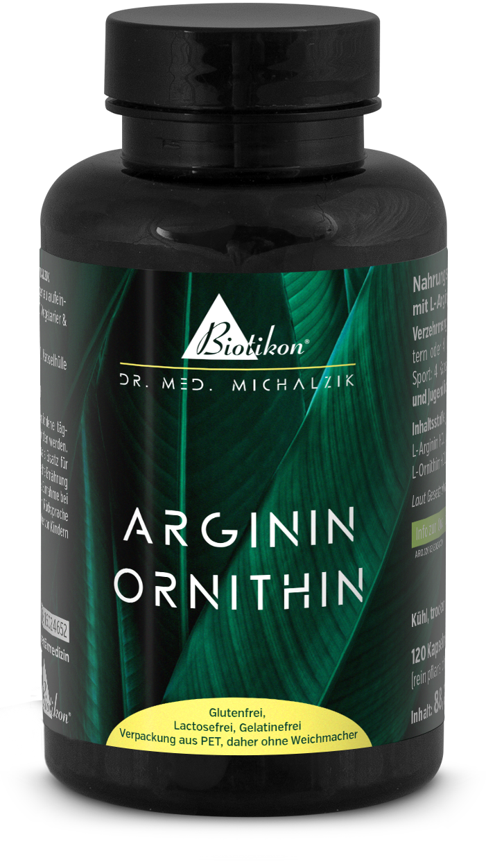 Arginina Ornithina 120 Capsule - Integratore Alimentare Bottiglia di capsule nere con 120 capsule, etichetta con foglie verdi, riempita con L-Arginina e L-Ornitina.