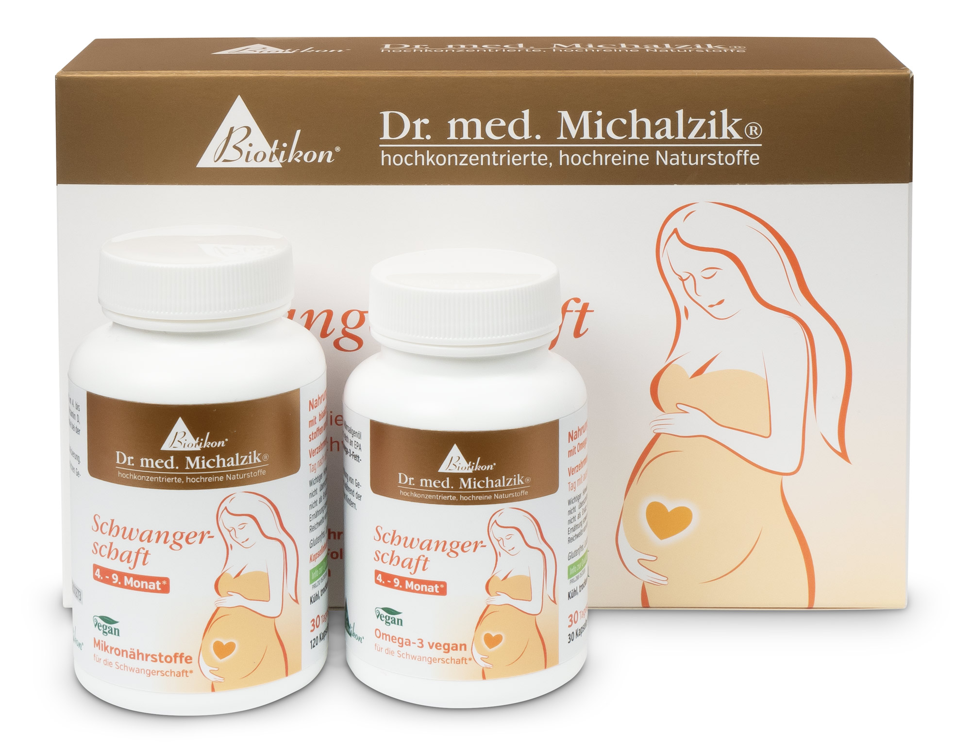 Gravidanza 30 Capsule – Micronutrienti Due flaconi di integratori alimentari per donne in gravidanza, 30 capsule, vegani, in primo piano, confezione colorata.