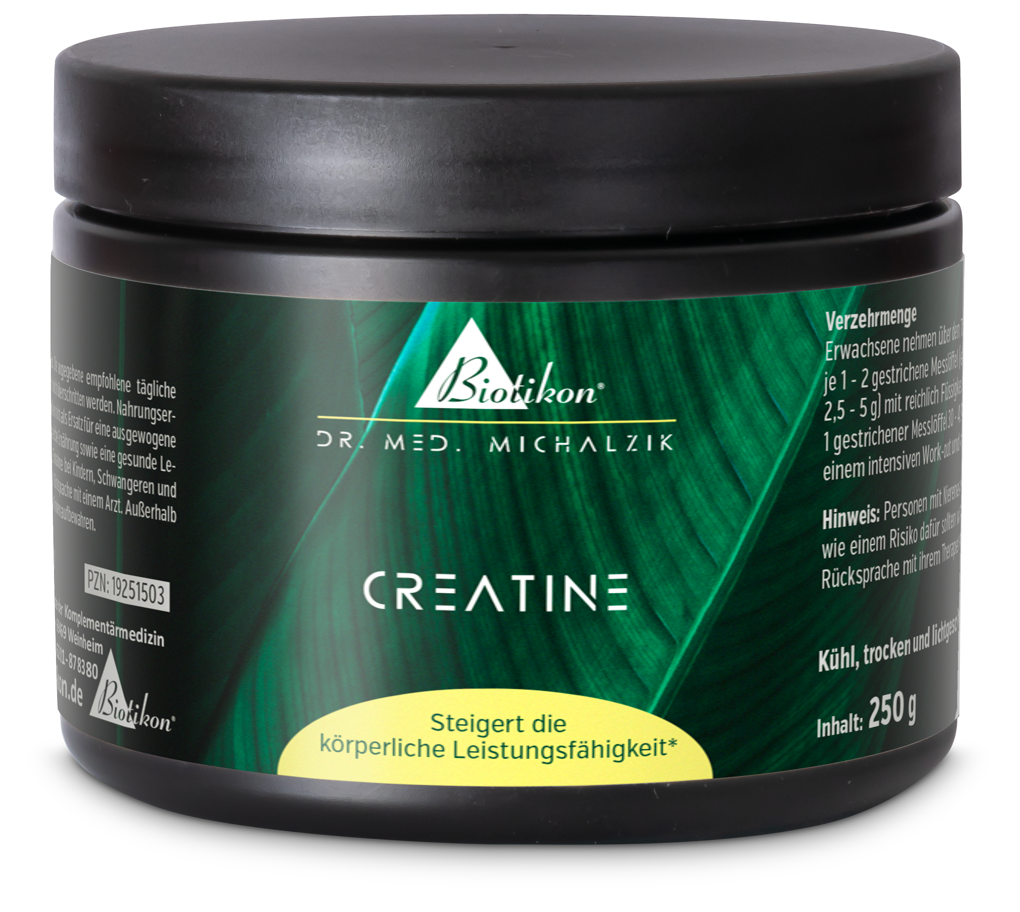 Creatina in Polvere 250g – Contenitore Nero con Design Verde Creatina in polvere in un contenitore nero con design verde, 250g.