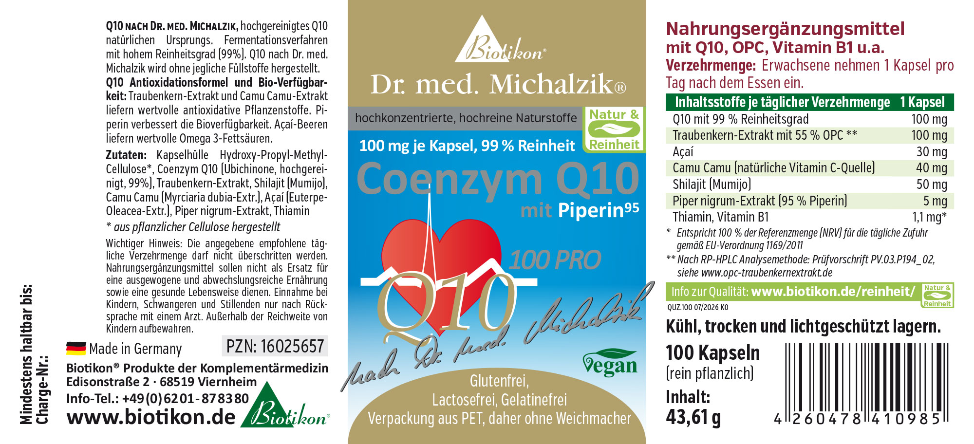 Coenzima Q10 in capsule, 100 mg per capsula, confezione da 100 capsule, design blu e bianco.