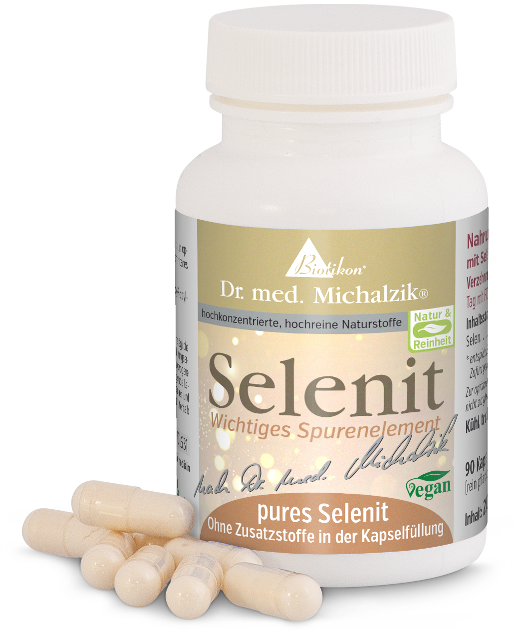 Selenite 90 Capsule – Selenio Puro Bottiglia di 90 capsule vegane di selenite, colore beige, con alcune capsule sul tavolo in primo piano.
