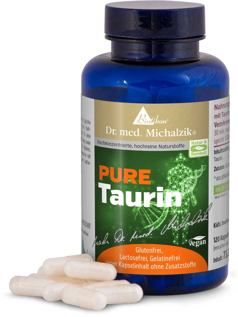 Taurina 120 Capsule – Taurina Pura Bottiglia blu con 120 capsule, senza glutine e vegane, capsule a fianco su uno sfondo bianco.