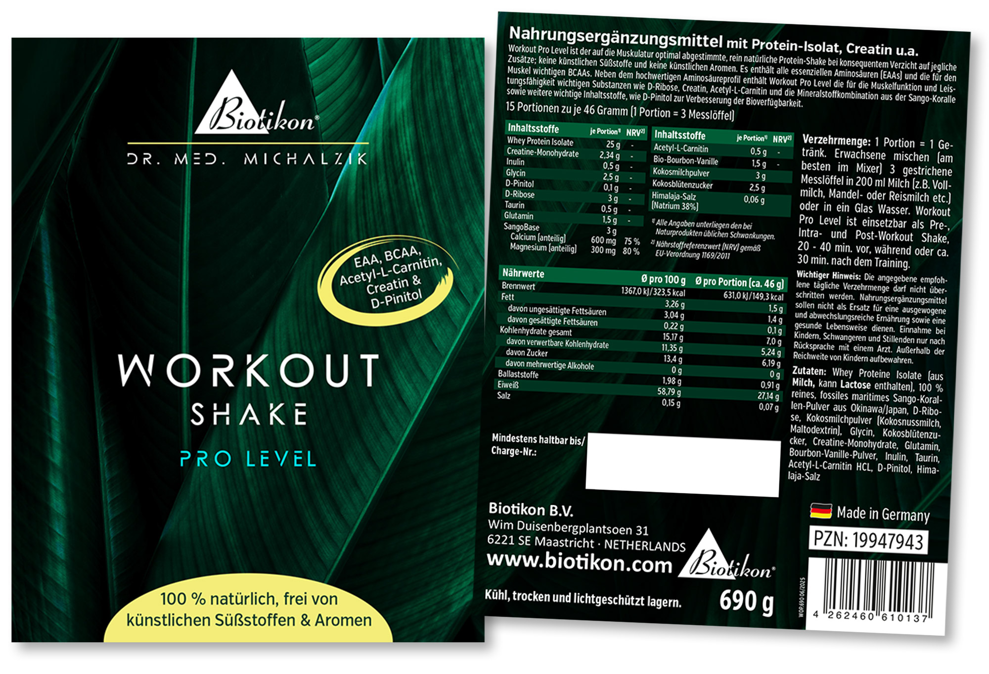 Shake Allenamento Pro Livello – 690 g Supplemento in polvere, 690 g, confezione nera con foglie verdi, valori nutrizionali visibili.