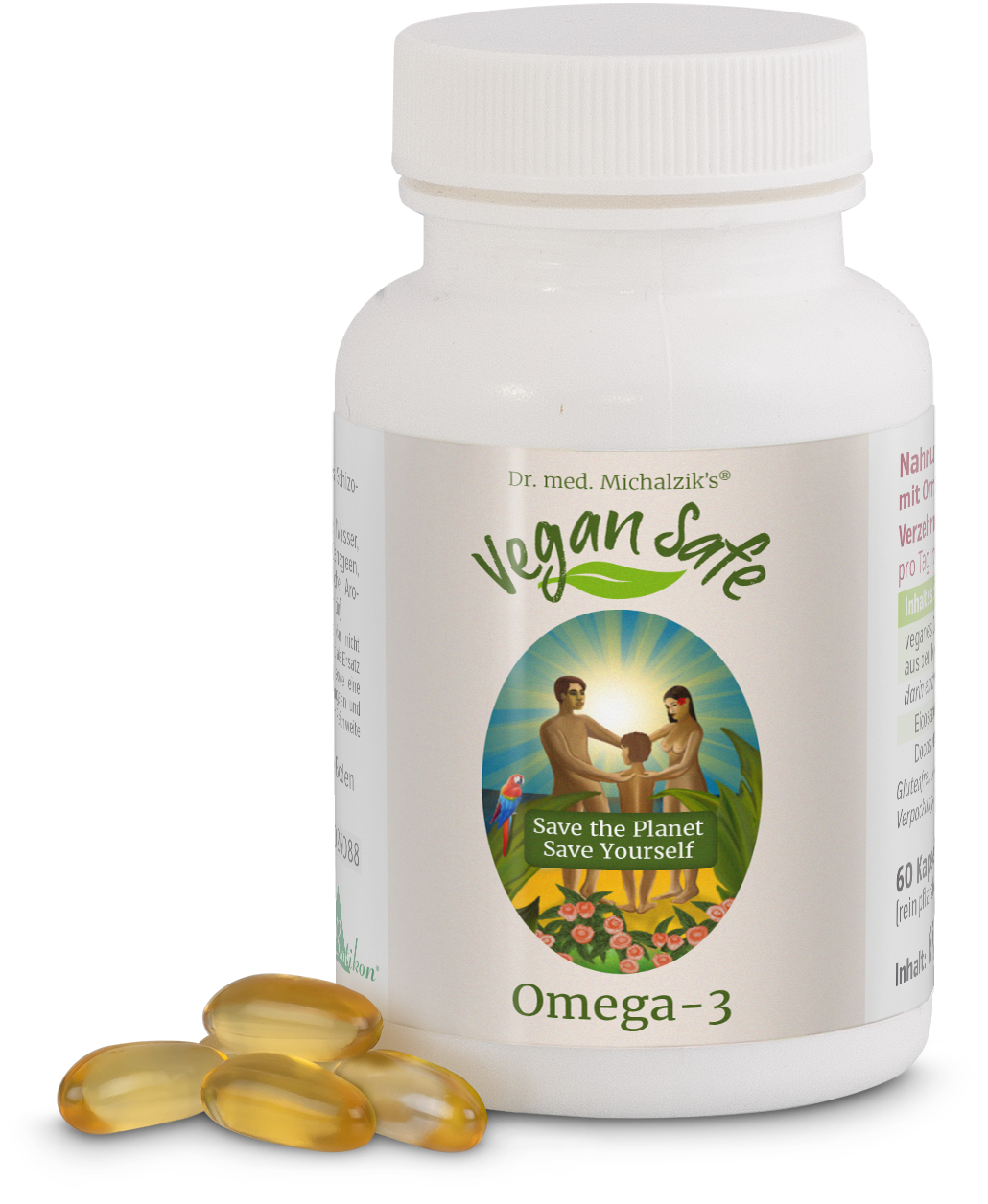 Capsule Omega-3 – 60 Capsule Vegetali Bottiglia di capsule Omega-3, 60 capsule vegetali, gel giallo, vista anteriore, confezione bianca.