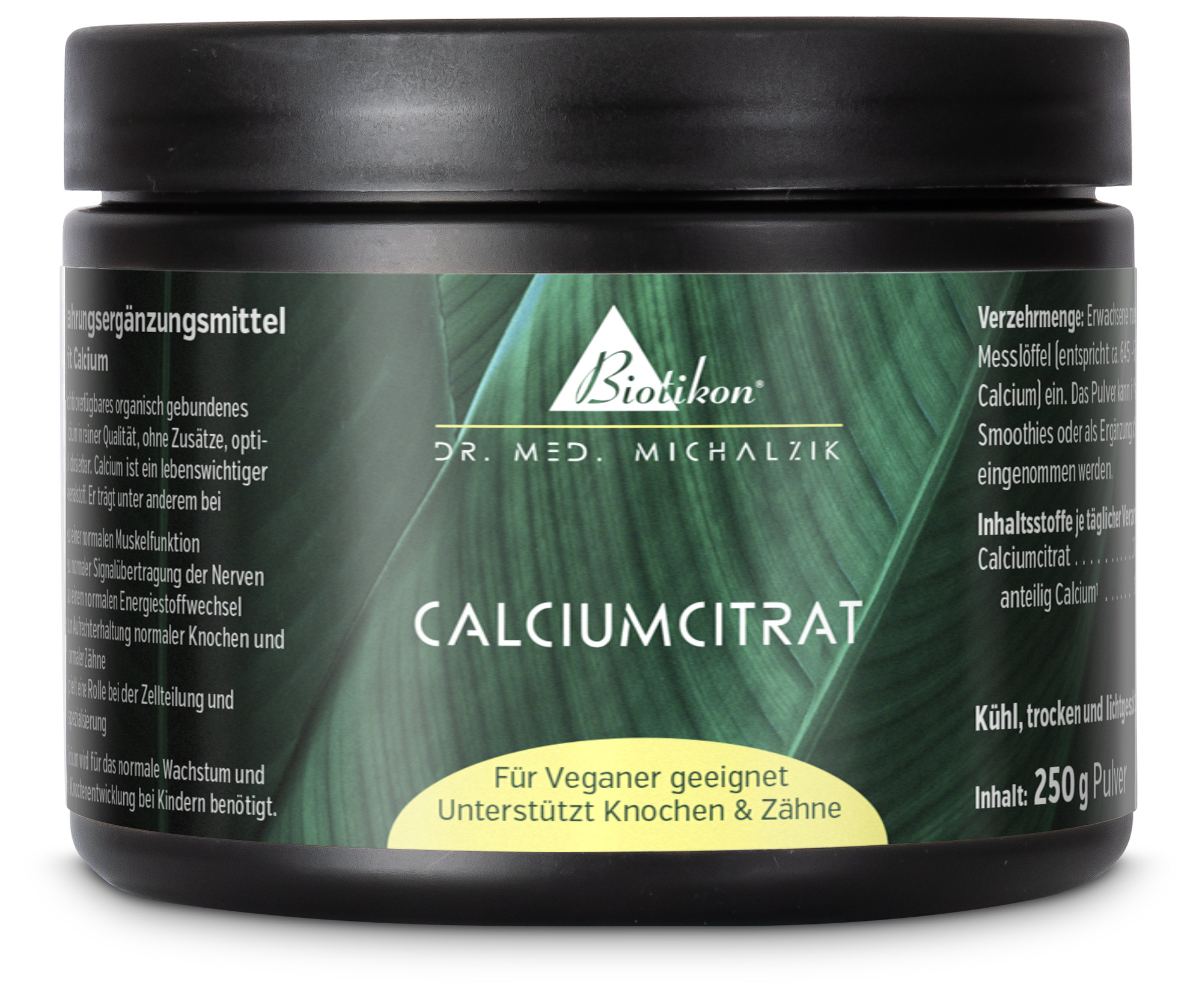 Citrato di calcio 250g – Polvere Contenitore nero con polvere, Citrato di calcio, 250g, adatto a diete vegane.