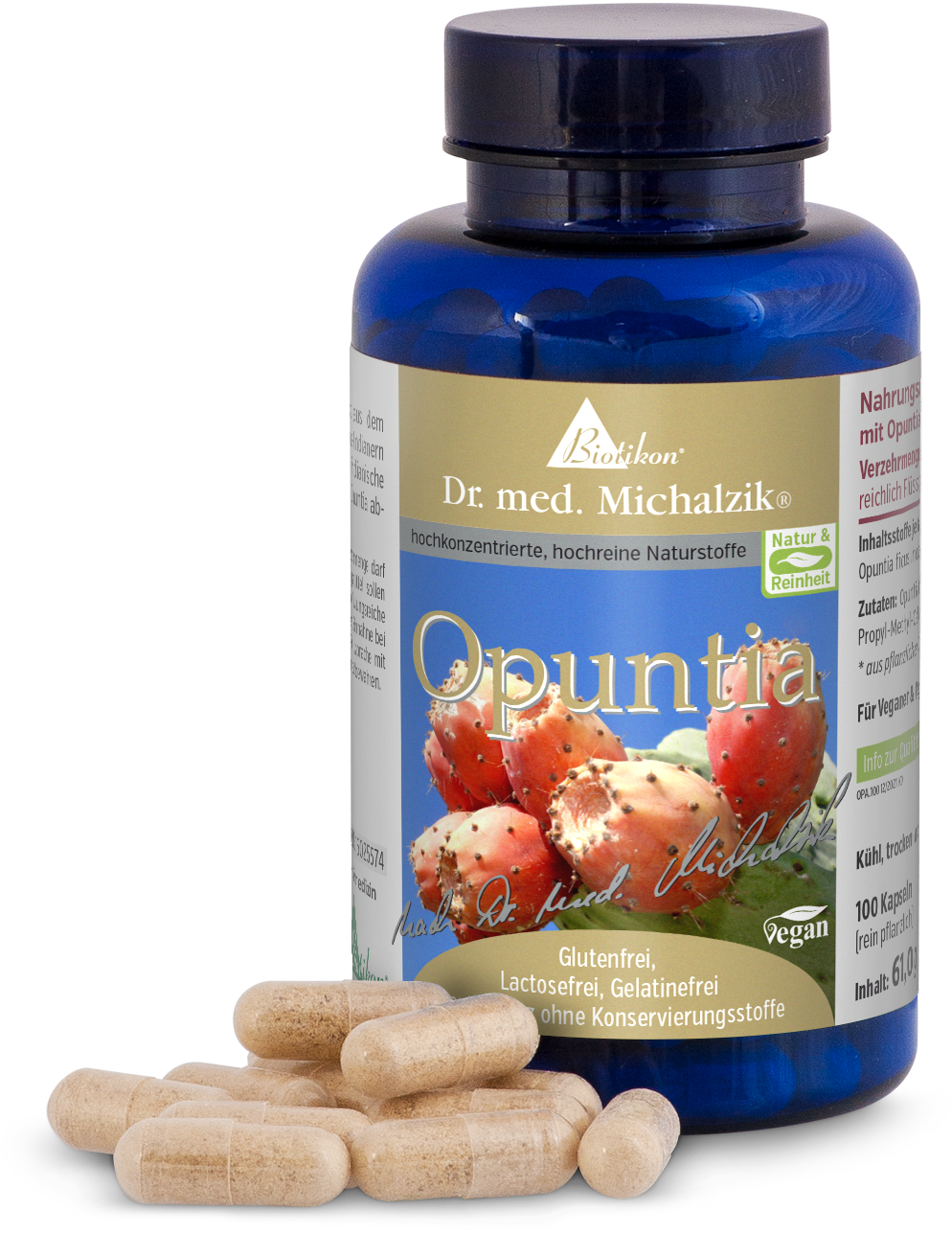 Capsule di Opuntia – 100 Pezzi Capsule marroni in una bottiglia blu, 100 capsule, senza glutine, senza lattosio, vegano.