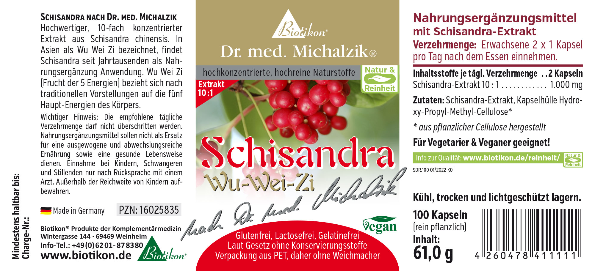 Schisandra 1000 mg - Capsule Integratore alimentare Schisandra, 100 capsule, rosse, in confezione PET, vista frontale.