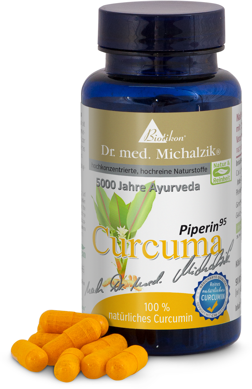 Curcuma 500 mg - Capsule Capsule gialle con curcumina naturale in una bottiglia blu, 100% pura, 90 pezzi.