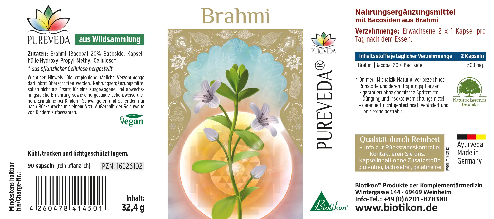 Brahmi 500 mg – Capsule Integratore alimentare Brahmi in capsule, 90 pezzi, vegano, confezione con motivo vegetale, 32,4 g.