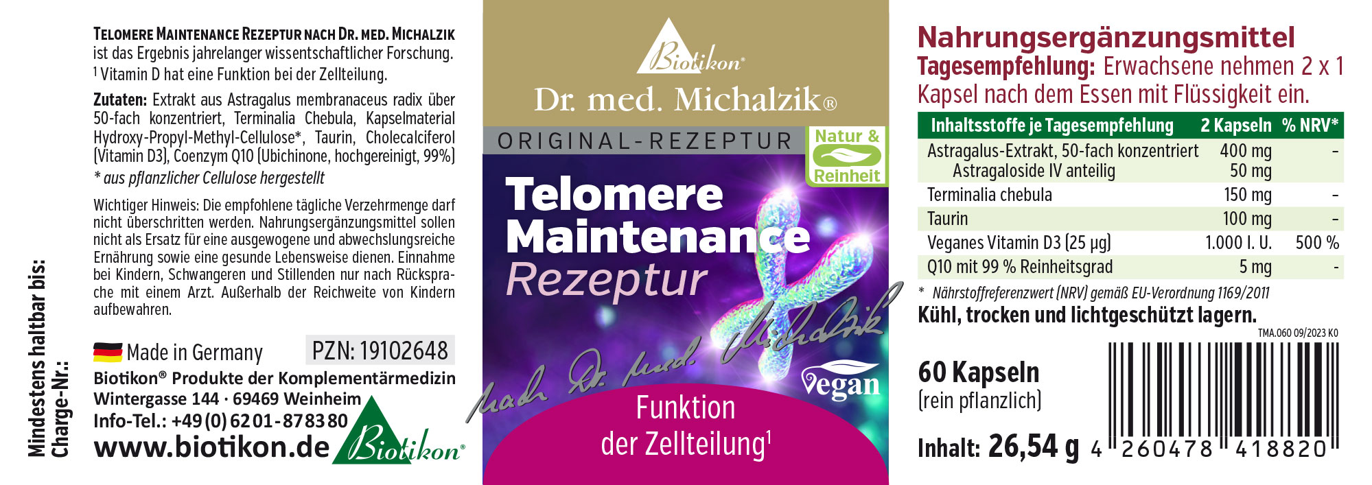 Manutenzione dei telomeri 60 Capsule Integratore alimentare in confezione da 60 capsule, vegano, per supportare la divisione cellulare.