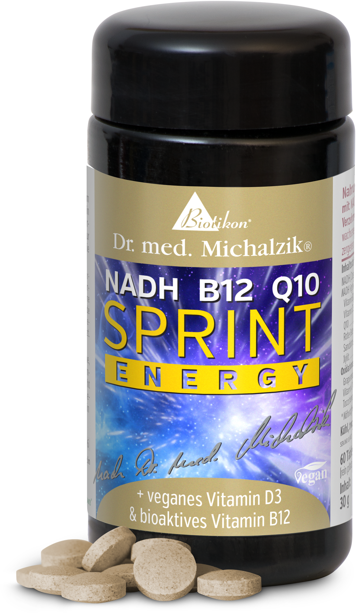 NADH B12 Q10 – Compresse vegane Integratore NADH B12 Q10 in vaso nero, 60 compresse, vegano, con alcune compresse accanto al vaso.