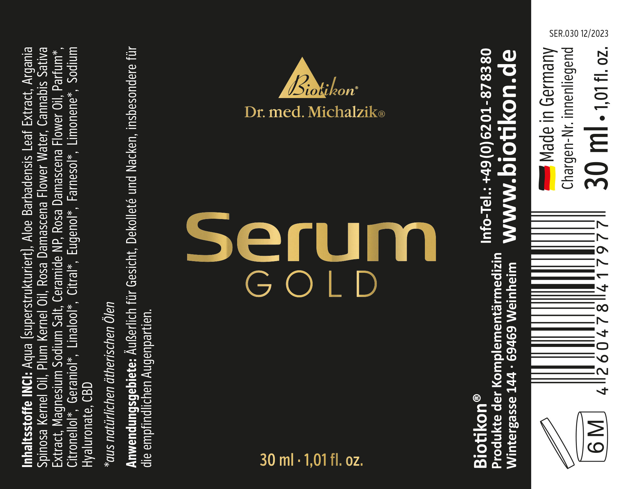 Siero Oro – Liquido da 30 ml Siero Oro in una bottiglia da 30 ml, confezione nera con scritte dorate, vista frontale.