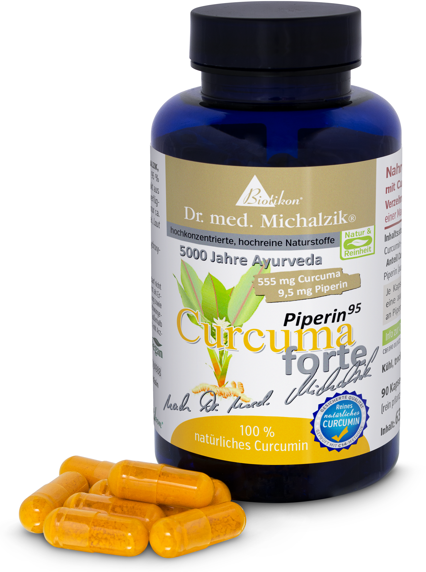 Curcuma Forte 555 mg – Capsule Flacone con 90 capsule gialle contenenti curcuma e piperina, vista prospettica.