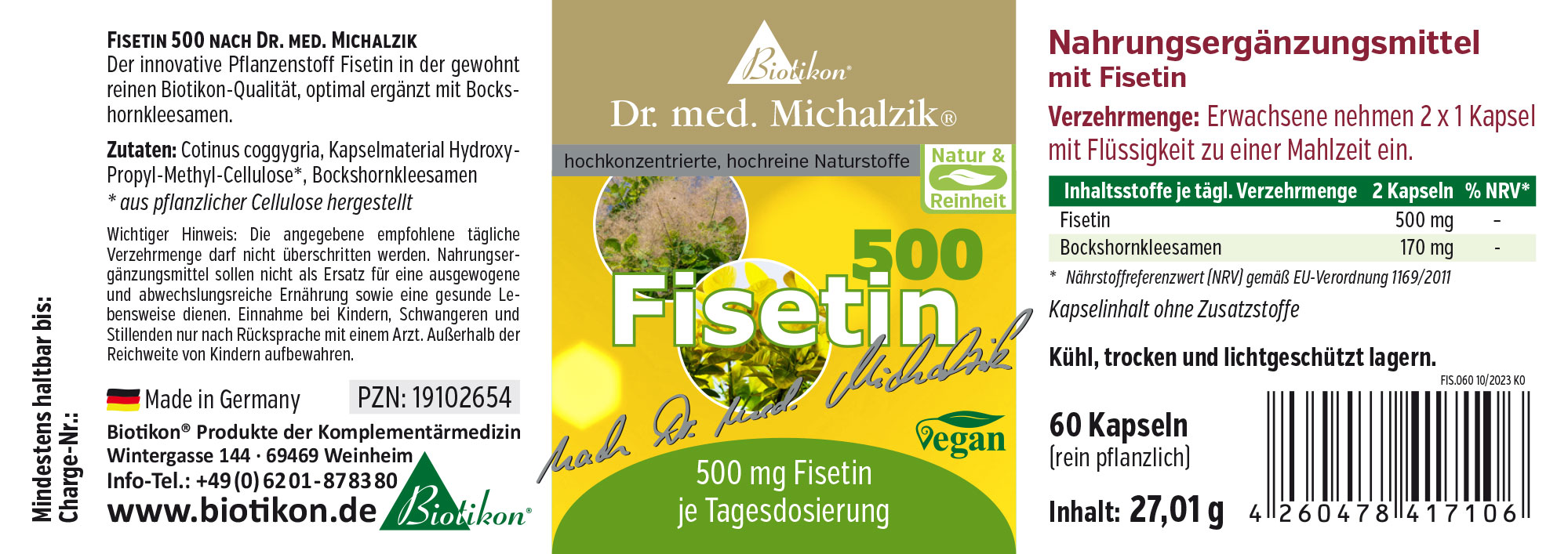 Fisetin 500 mg - Capsule Integratore alimentare Fisetin, 60 capsule in capsule vegetali, confezione giallo-verde, vista laterale.