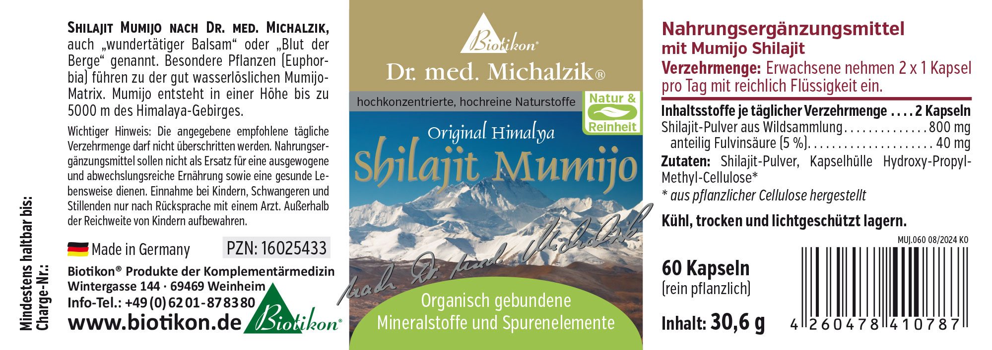 Shilajit Mumijo – 60 Capsule Integratore alimentare Shilajit Mumijo in capsule, 60 pezzi, capsule marroni, confezione dal design oro-blu.