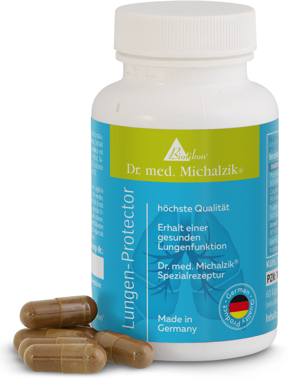 Capsule Protettore Polmonare in una bottiglia bianca con un'etichetta blu, presentate con diverse capsule.