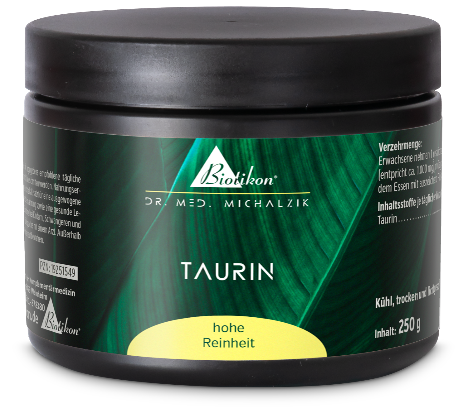 Taurina 250 g - Polvere Polvere di taurina in contenitore nero, 250 g, con imballaggio verde ed etichetta gialla.