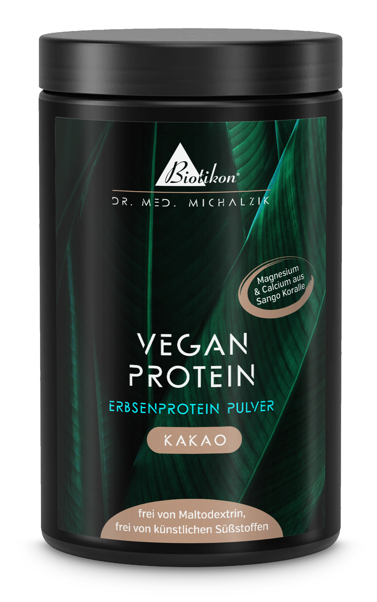 Contenitore bianco con polvere di proteine vegetali gusto cacao, 500 g, vista frontale.