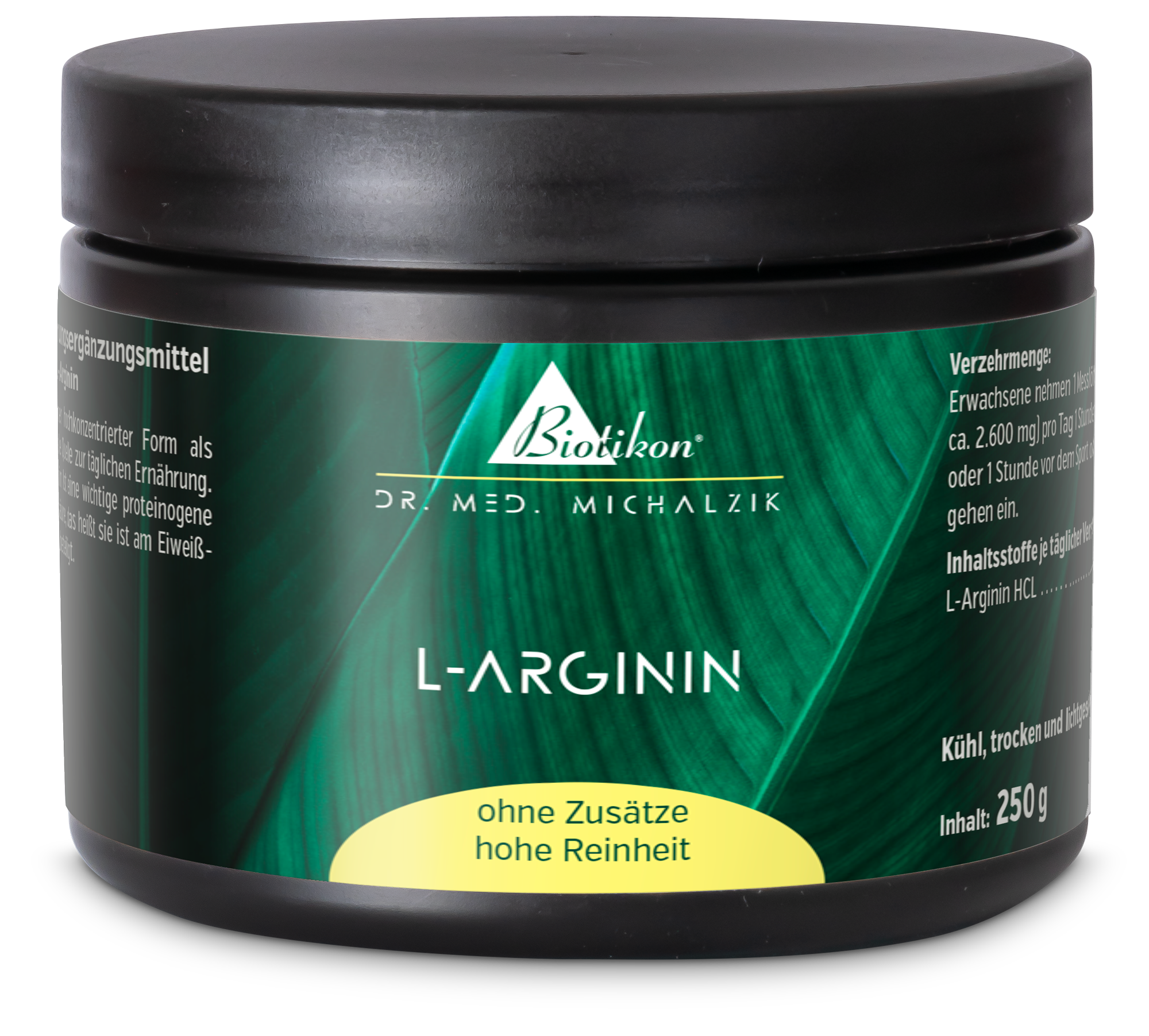 L-Arginina 250 g – Polvere L-Arginina in polvere, contenitore da 250 g, confezione nera con dettagli verdi, vista di lato.
