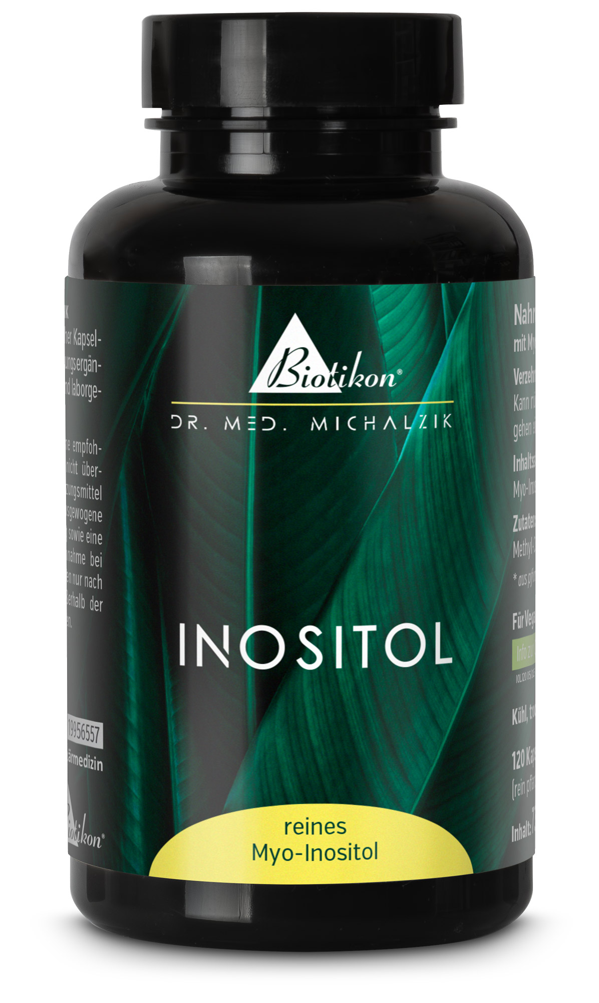 Inositolo 120 Capsule – Myo-Inositolo Puro Bottiglia nera con 120 capsule, etichetta verde e gialla, vista frontale
