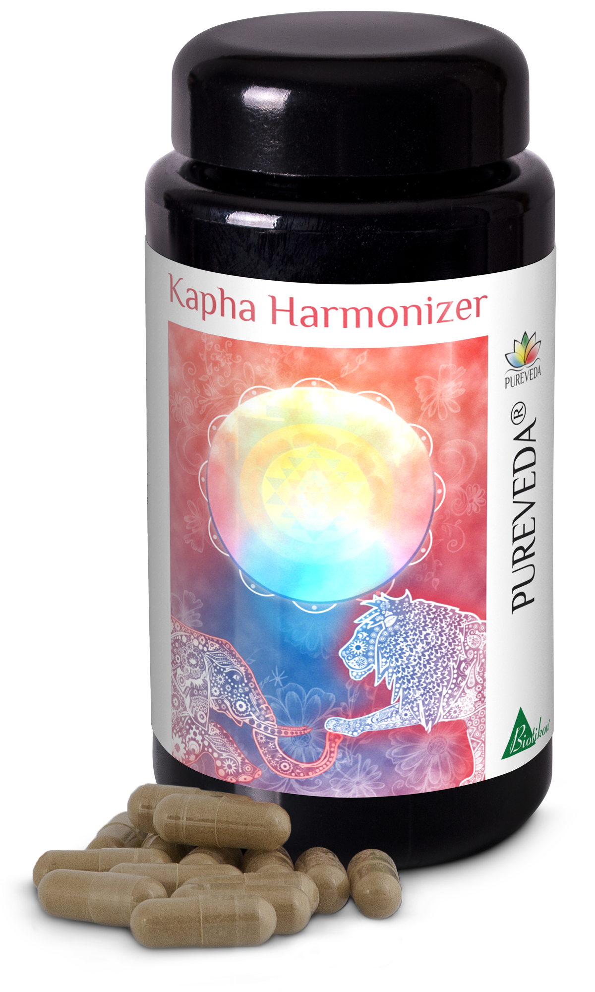 Capsule Kapha Harmonizer - Supporto al Benessere Naturale Capsule Kapha Harmonizer in bottiglia nera, capsule beige con etichetta colorata.