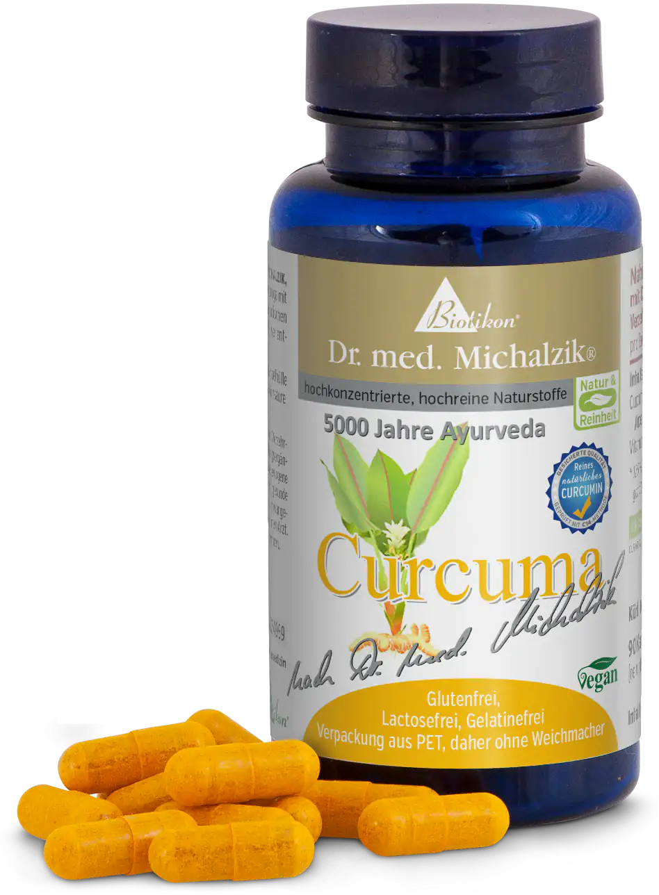 Curcuma 500 mg - Capsule Supplemento vegano di curcuma in bottiglia blu, 90 capsule, giallo, con capsule singole accanto.