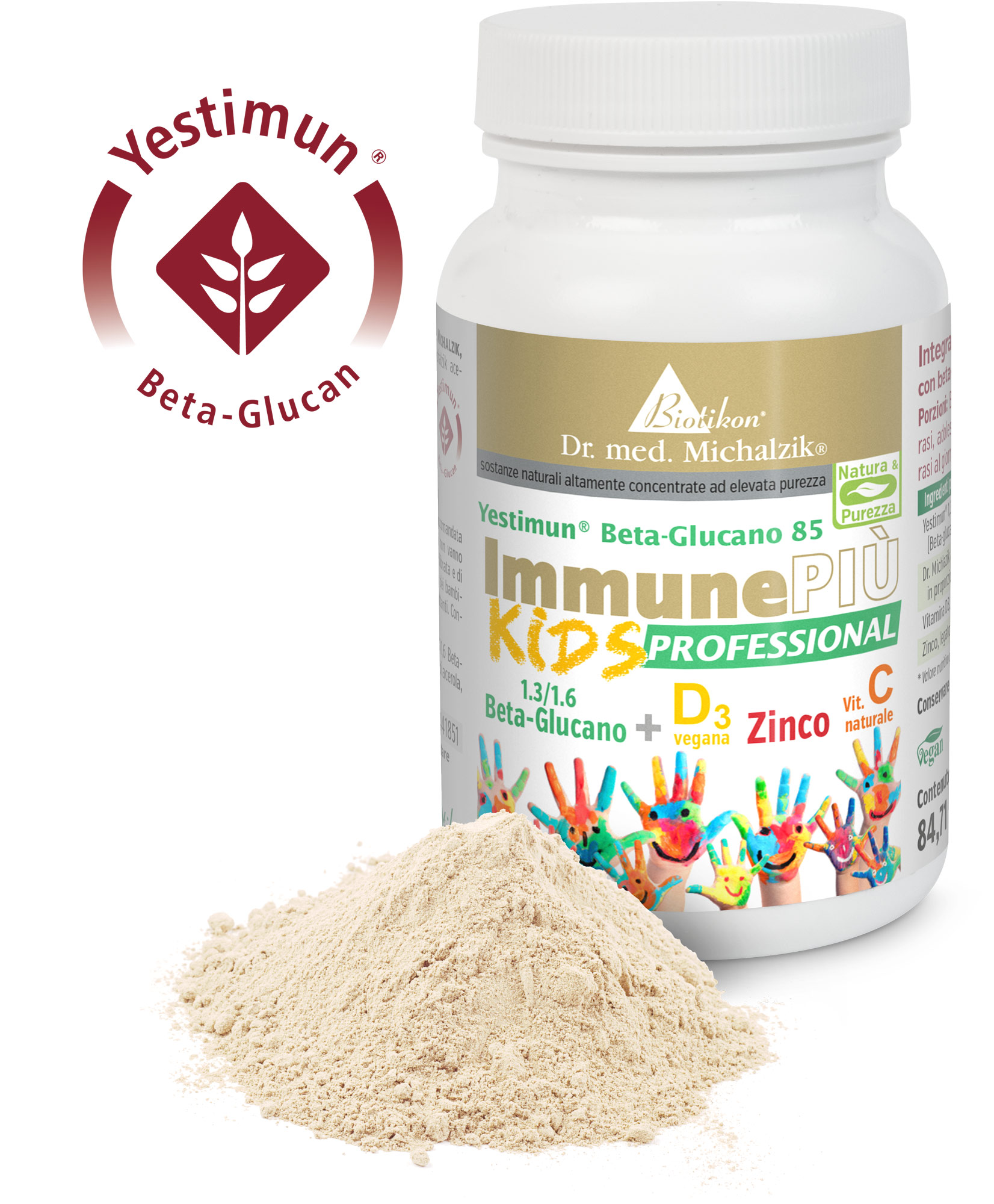 Beta-Glucano 1.3/1.6 – Polvere ImmunPiu Kids Polvere per bambini con Beta-Glucano, D3, Zinco e Vitamina C, 84 g, in confezioni bianche e colorate.