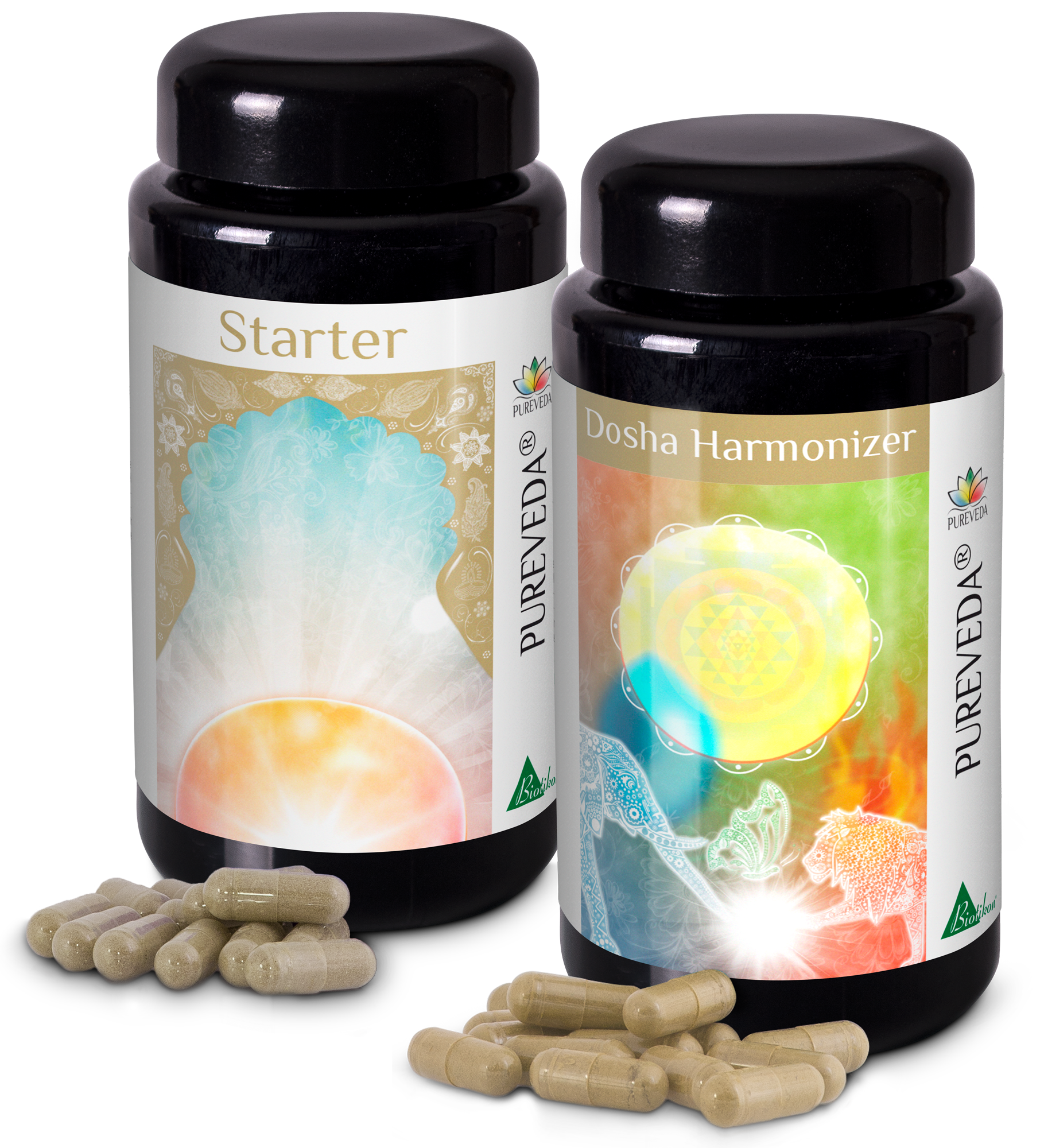 Integratore Erbale – Capsule Due bottiglie di capsule: Starter e Dosha Harmonizer, in contenitori neri, con diverse capsule in primo piano.