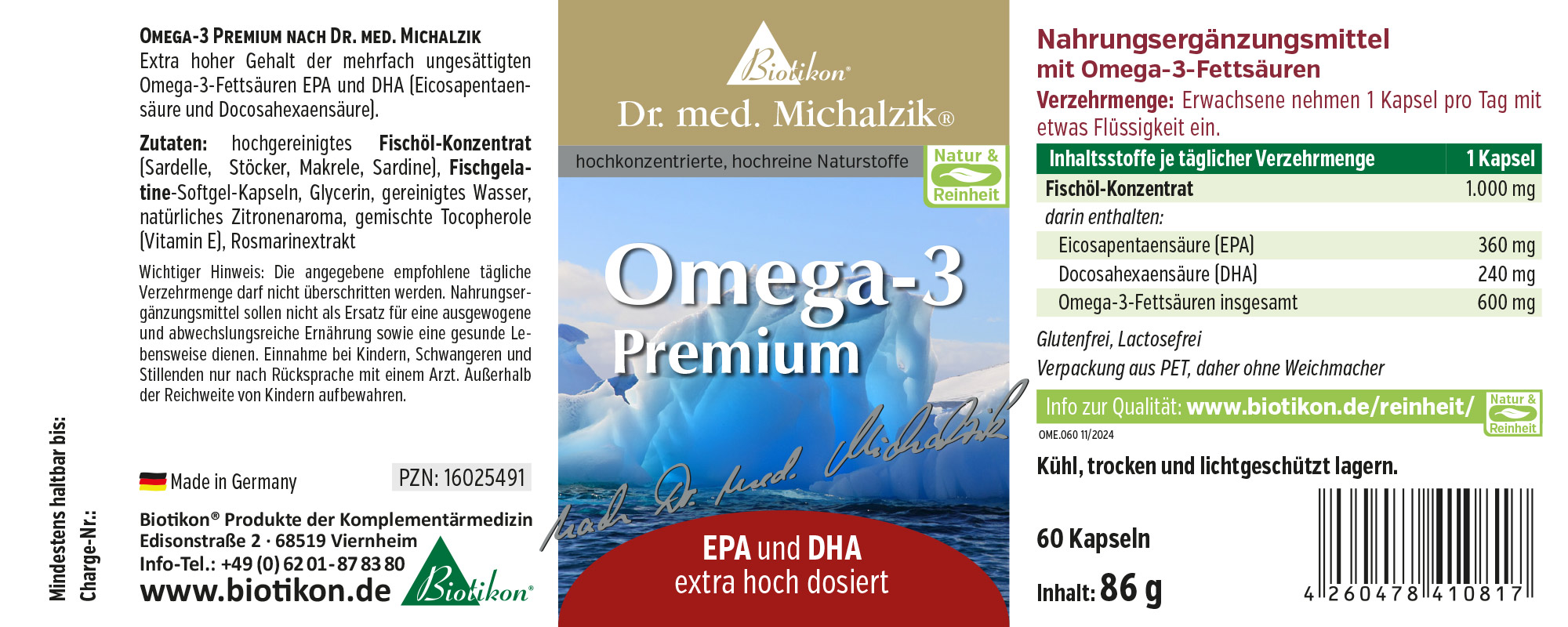 Omega-3 Premium 1000 mg - Capsule Capusule Omega-3 Premium, 60 pezzi, contenitore PET trasparente, capsule giallastre, stampa sulla confezione