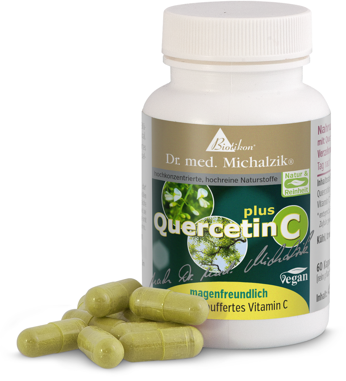 Quercetina C 300 mg – Capsule Capsule con quercetina C, 60 pezzi in bottiglia bianca, capsule verdi, vegane.