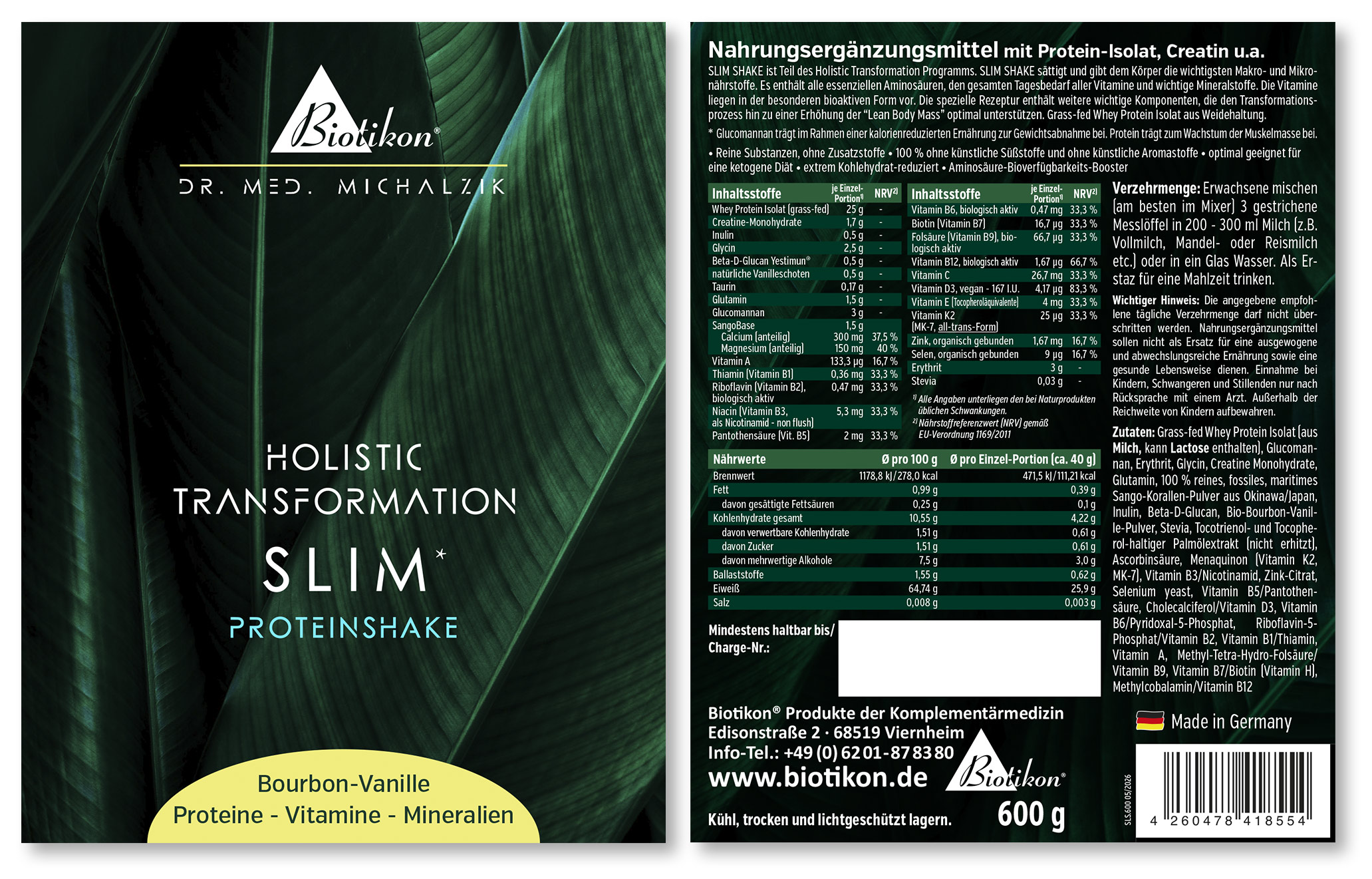 Proteine Slim Shake al gusto vaniglia bourbon, confezione da 600 g, confezione verde con tabella nutrizionale.