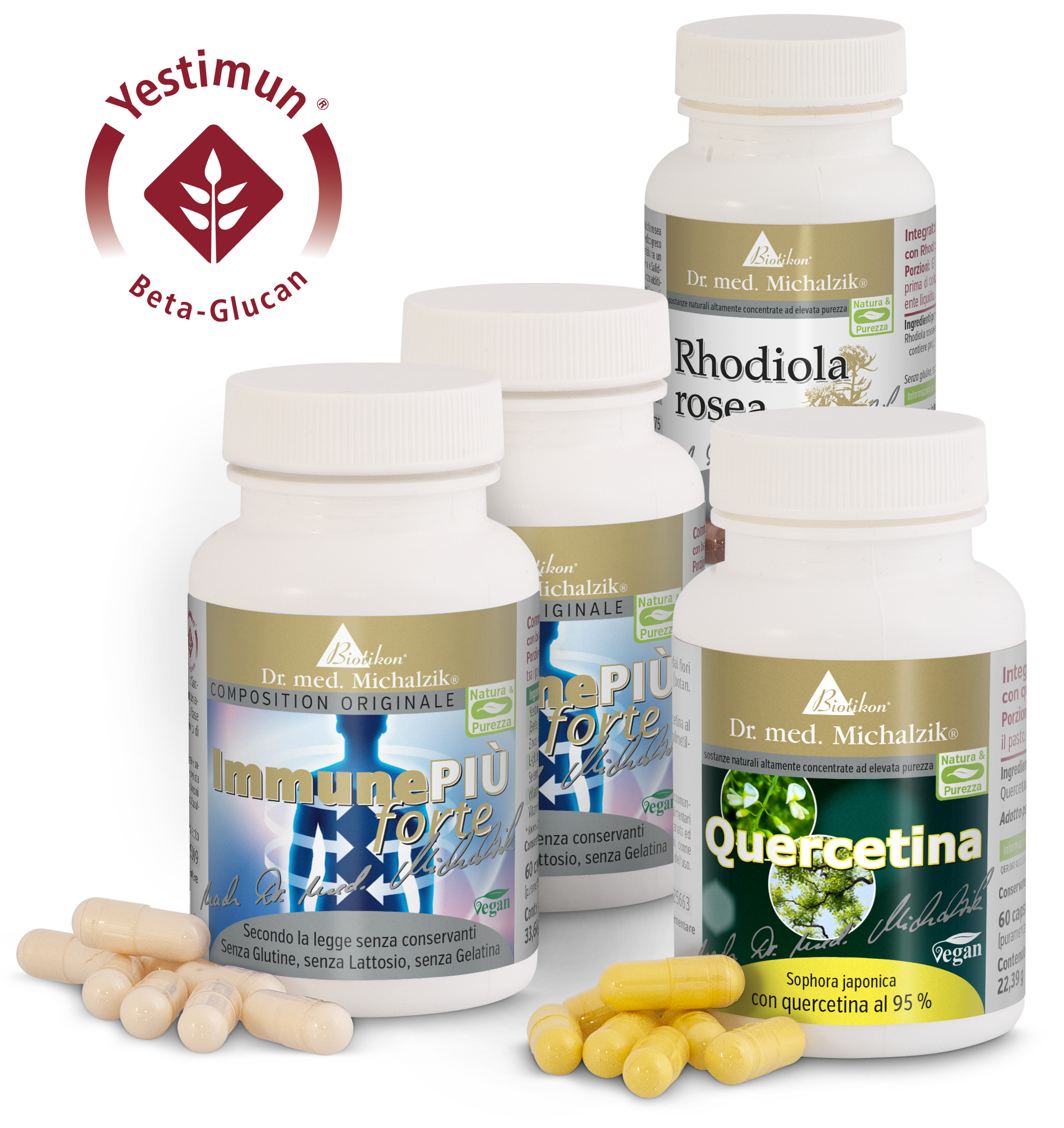 Quercetina 60 Capsule - Integratore Alimentare Bottiglia di 60 capsule di Quercetina, capsule gialle disposte in modo attraente con altri prodotti.