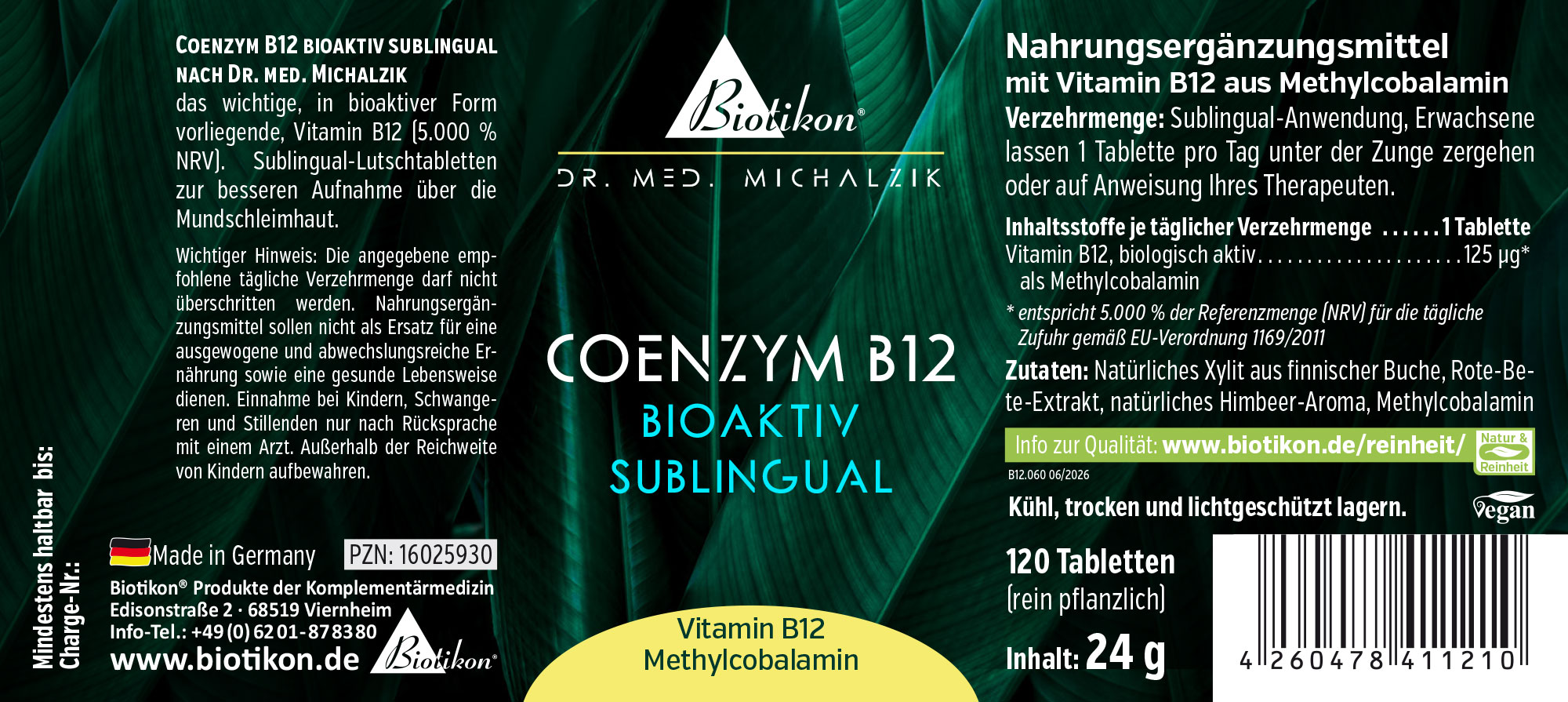 Coenzima B12 in 120 compresse sublinguali vegane, confezionate in una scatola bianca.