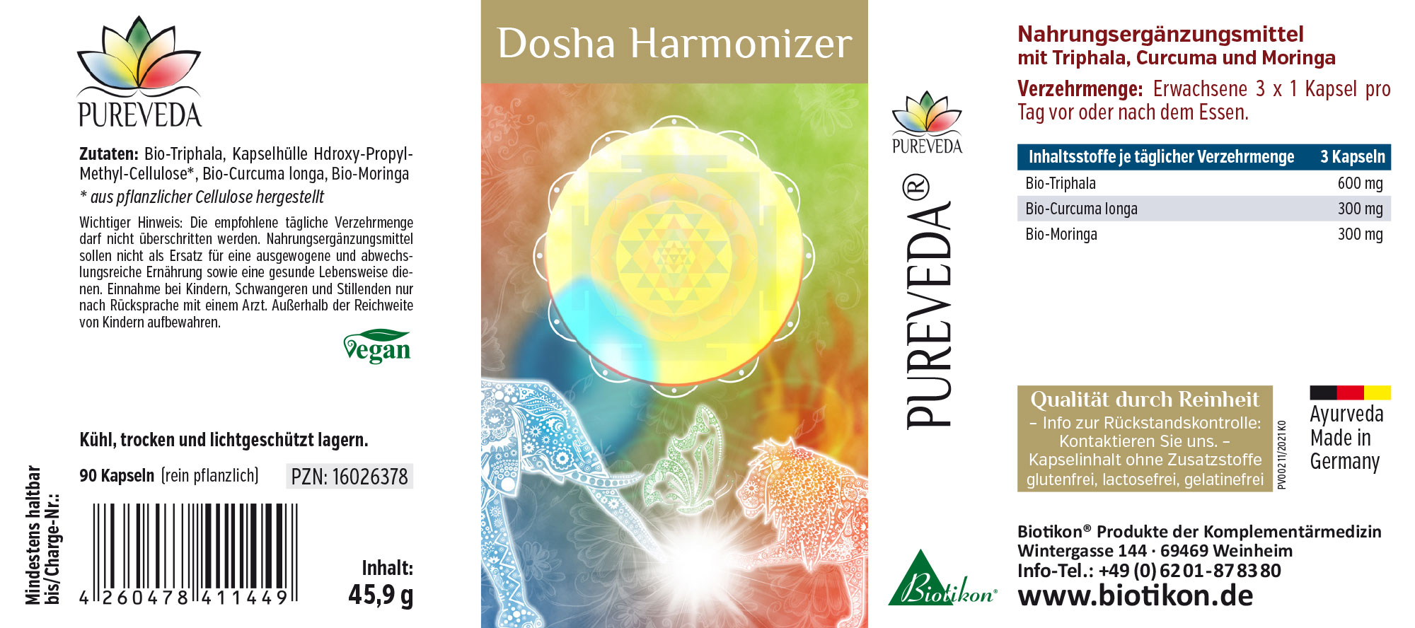 Harmonizzatore di Dosha – 90 Capsule Integratore con Triphala bio, Curcuma e Moringa, 90 capsule vegetali in un imballaggio colorato.