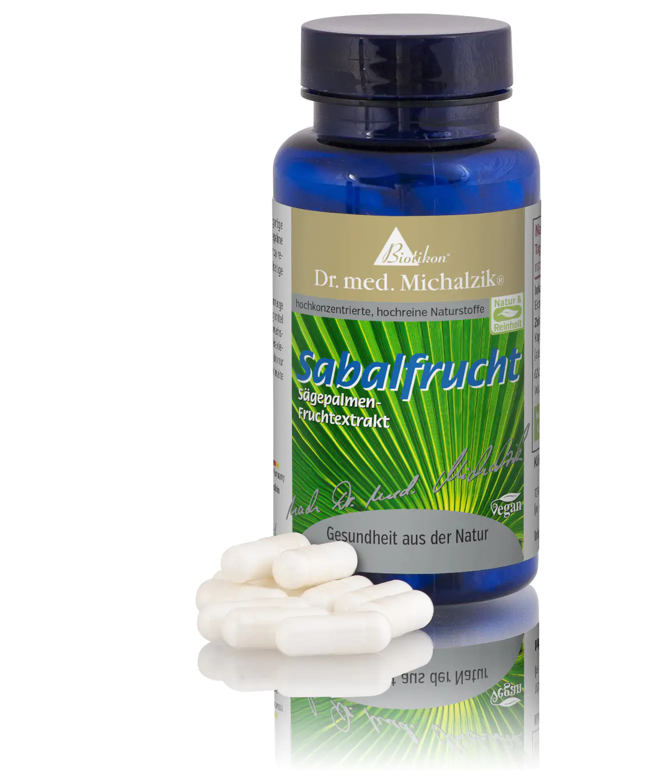 Frutto di Sabal 500 mg – Capsule Capsule di frutto di Sabal in una bottiglia blu, 60 pezzi, capsule bianche in primo piano, vista laterale.