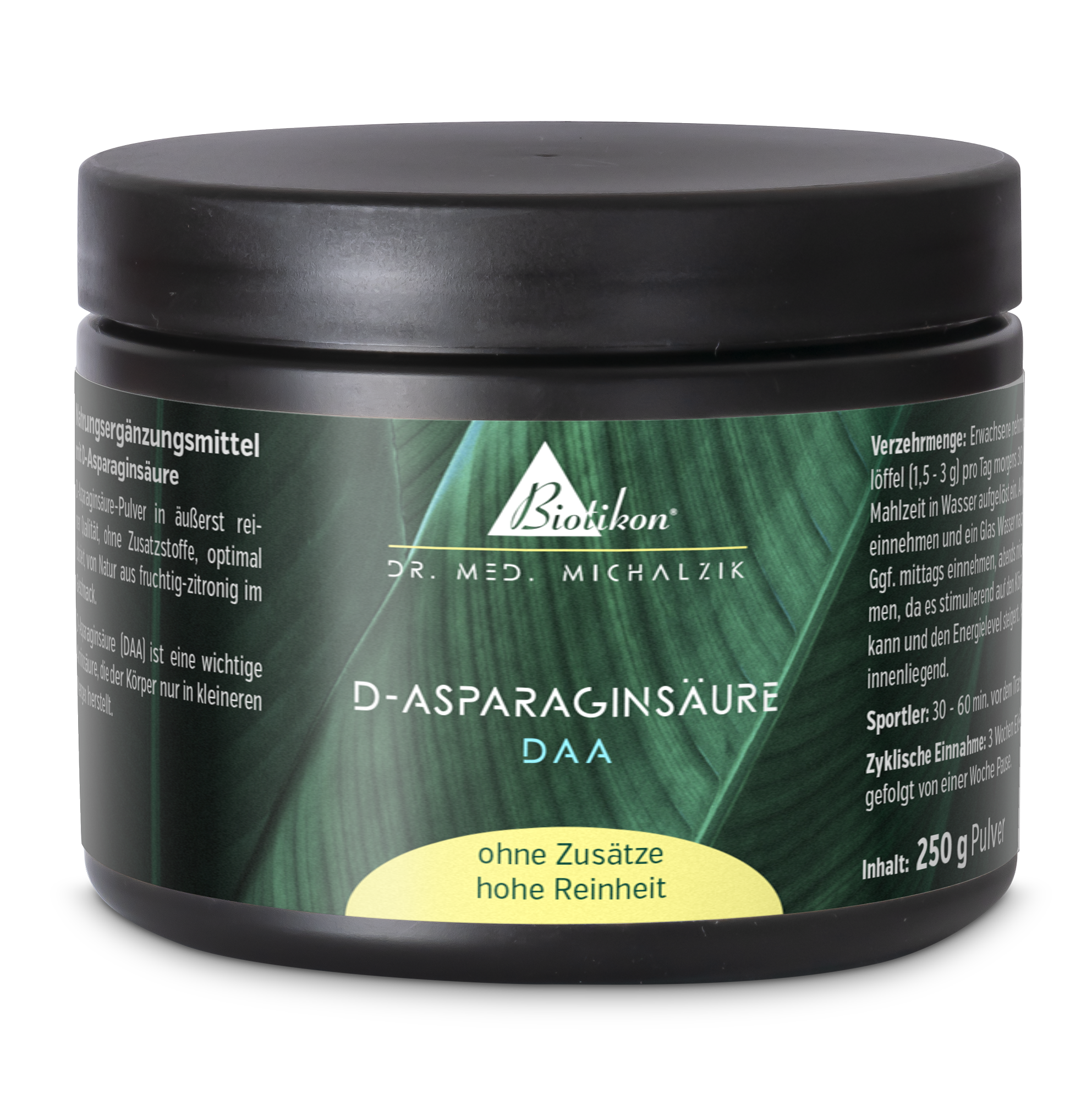 Polvere di acido D-aspartico in contenitore nero, 250g, vista laterale, alta purezza, senza additivi.