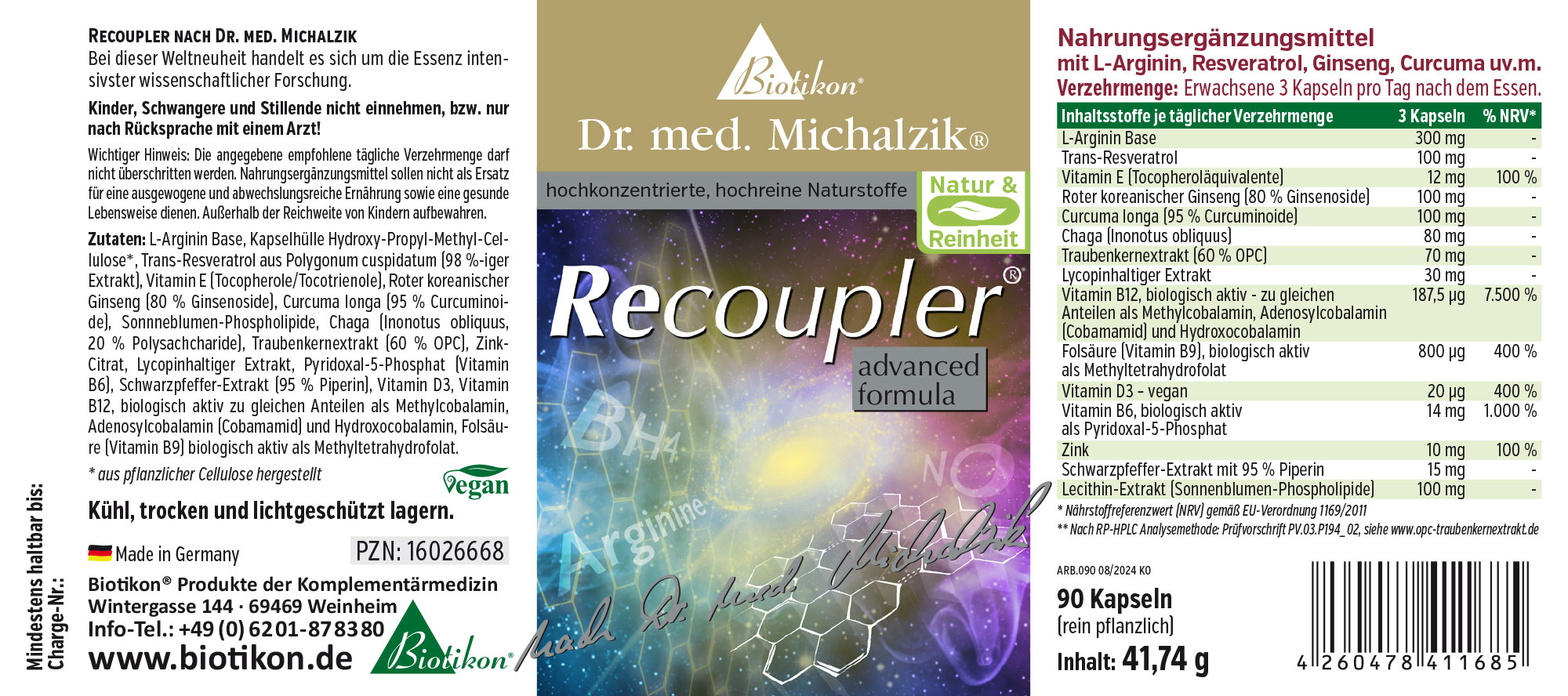 Recoupler 90 Capsule – Integratore Alimentare 90 capsule trasparenti in un packaging verde, con ingredienti come L-Arginina e Resveratrolo.