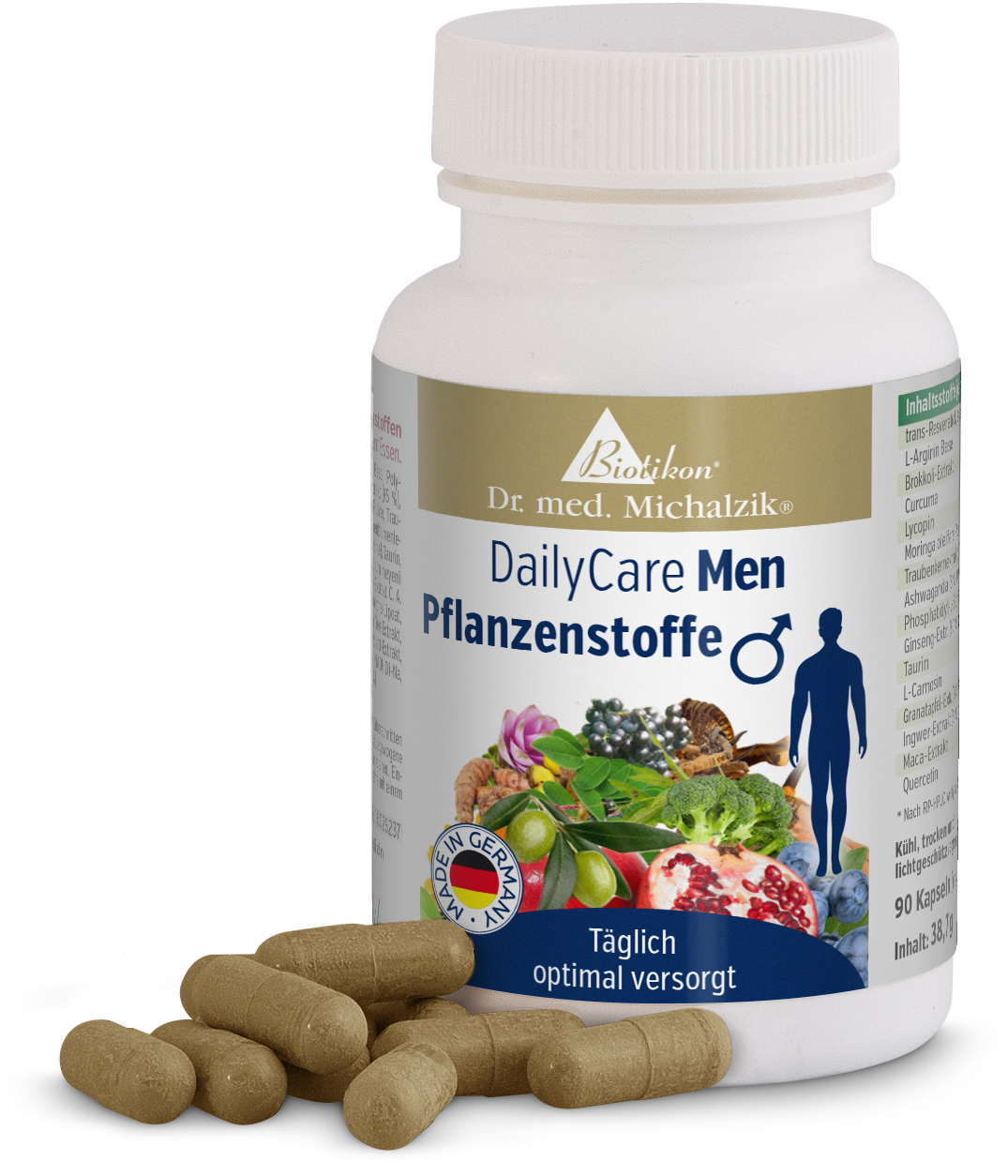 DailyCare Men - Capsule a base vegetale Bottiglia con 90 capsule beige a base vegetale, DailyCare Men per uomini, vista frontale.