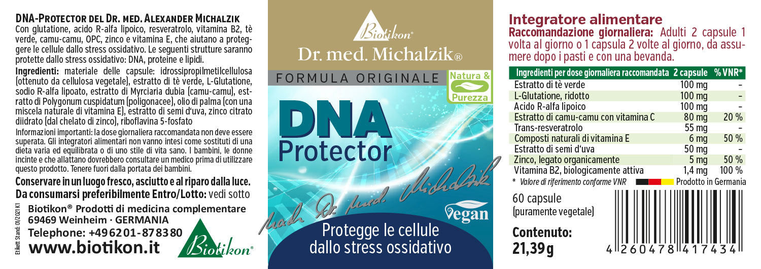 DNA Protector 60 Capsule – Antiossidanti DNA Protector, 60 capsule vegane in confezione blu-verde, vista frontale, con lista degli ingredienti.